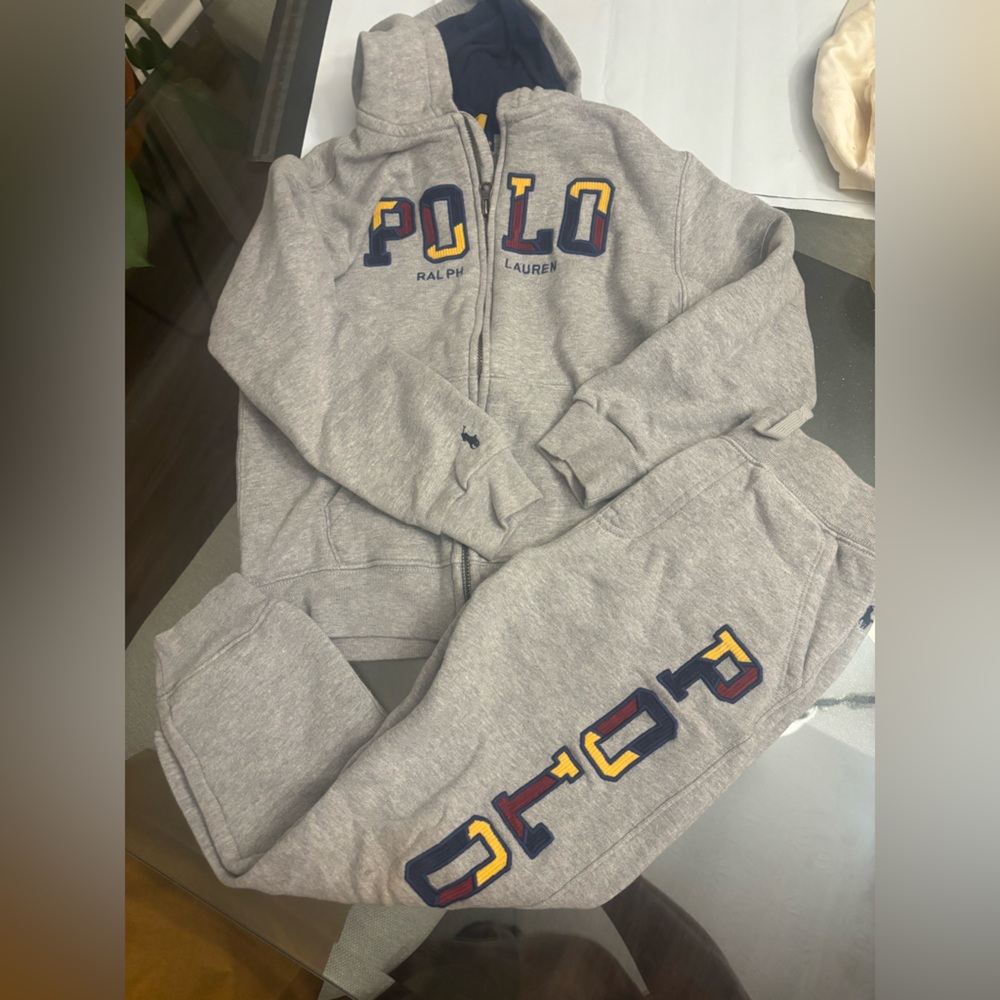 Ralph Lauren Gray Zip Hoodie with Navy, Red & Yellow Lettering